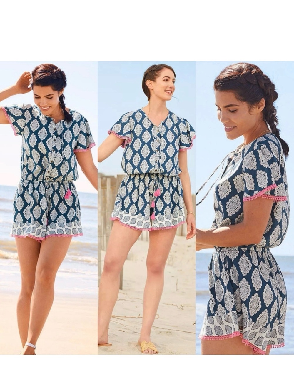 Matilda Jane Navy Blue Printed Short Sleeve Romper with Pink Trim Fringe